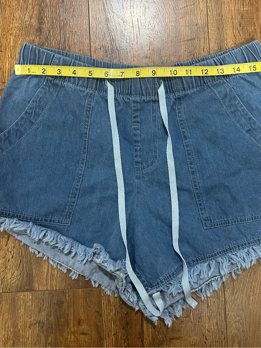 Source Unknown Light Blue Denim Drawstring Fringe Hem Shorts
